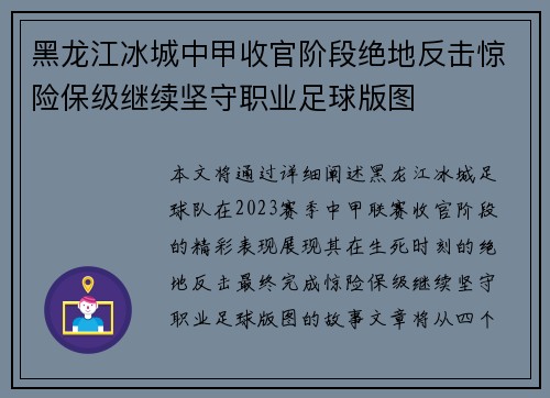 黑龙江冰城中甲收官阶段绝地反击惊险保级继续坚守职业足球版图